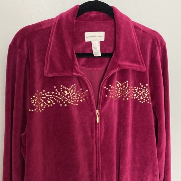 Alfred Dunner Berry Velour Jacket Zip Front Gold Detail Pockets Size Large - Picture 8 of 9